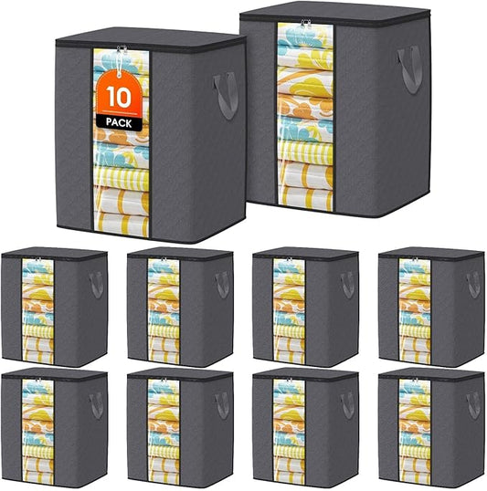 Clothes Storage Bags, 10-Pack Comforter Blanket Organizers, 80L Large Capacity Containers with Visual Window for Clothing, Quilt, Sheet, Pillow, Closet Organization for Bedding (Grey)