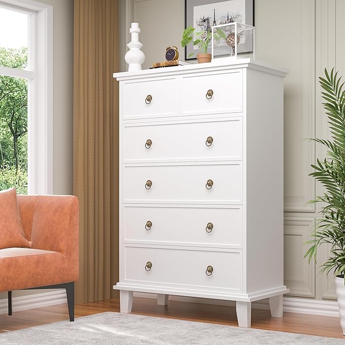 6 Drawer Tall Dresser for Bedroom, White Large Chest of Drawers, Modern Farmhouse 6 Drawers Storage Dresser for Living Room, Hallway, Entryway, Home Office