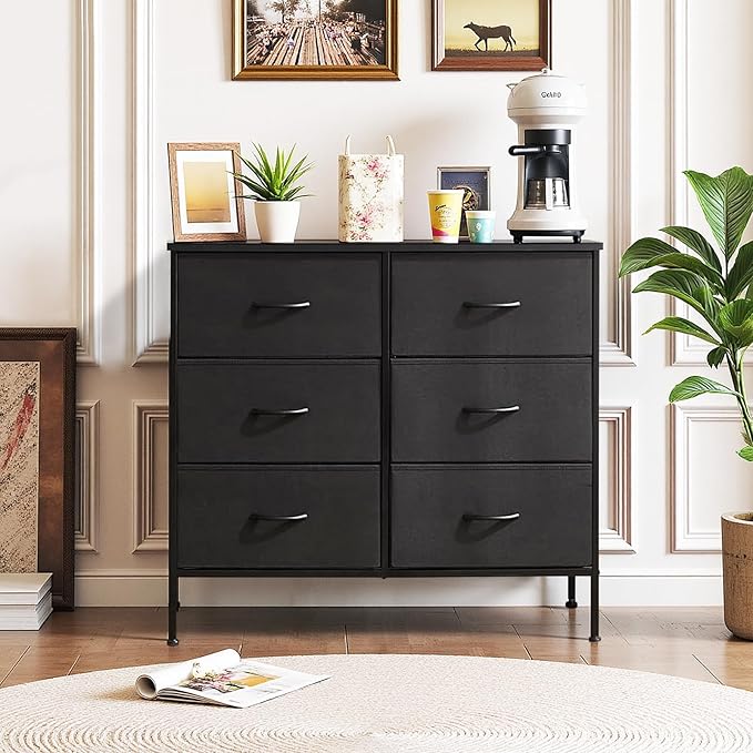 6-Drawer Dresser for Bedroom, Anti-Tip Wide Storage Organizer Chest of Drawers with Wooden Top and Metal Frame Fabric Bins for Closet, Living Room, Hallway, Entryway, Black
