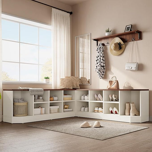 DWVO 61" L-Shaped Shoe Rack with Bench and Hooks, Corner Shoe Cabinet with Hidden Storage, Coat Rack & Seating for Entryway, Hallway, Bedroom, 61" D x 61" W x 18" H, White & Walnut