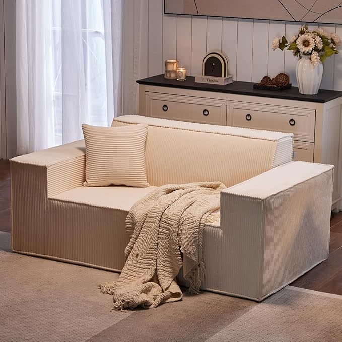 SUYOLS Corduroy Cloud Couch with Pillow, Premium Memory Foam, No Assembly Required, Deep Seat Sofa in Box, Space-Saving Chair for Home, Living Room, Bedroom, Apartment, Office, Loveseat, Beige