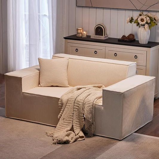 SUYOLS Corduroy Cloud Couch with Pillow, Premium Memory Foam, No Assembly Required, Deep Seat Sofa in Box, Space-Saving Chair for Home, Living Room, Bedroom, Apartment, Office, Loveseat, Beige