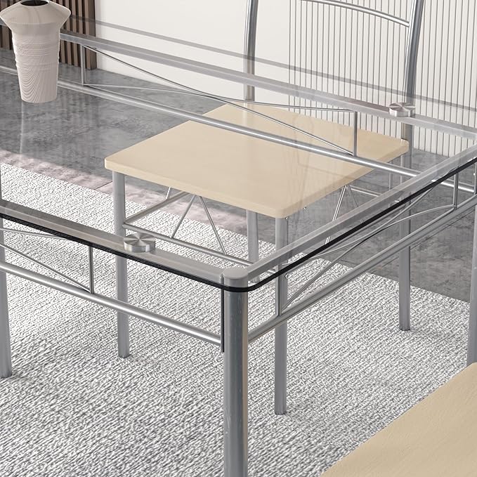 VECELO 5 Piece Dining Table and Chairs Set for 4, Glass Tabletop, Small Space, Silver