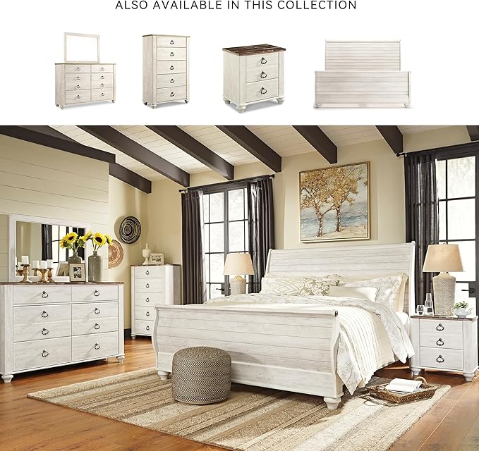 Signature Design by Ashley Willowton Coastal Sleigh Bed, Foundation or Box Spring Needed, King, Beige