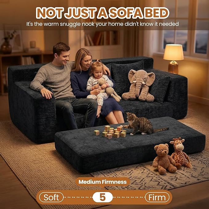 Convertible Sofa Bed, 5 in 1 Small Boneless Couch Pull Out Loveseat Sleeper Sofa,Corduroy Futon Couch Folding Mattress with 4 Pillows for Living Room Bedroom Lounge (Black, 3 Seater)