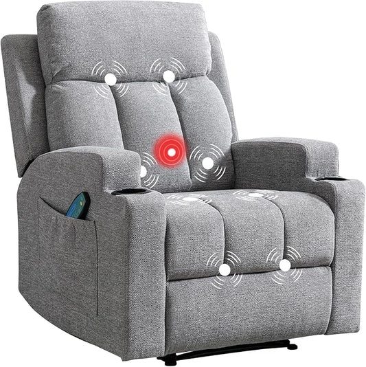 CANMOV Manual Recliner Chair with Massage and Heat,Comfy Recliner Chair Sofa with Overstuffed Arms and Back, Manual Reclining Single Sofa with 2 Cup Holders, Side Pocket for Living Room,Grey