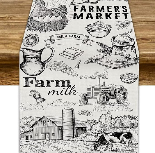 Vintage Tractor Milk Farm Table Runner Retro Western Country Farmhouse Animal Food Chicken Pumpkin Cow House Fall Kitchen Dining Table Decoration for Living Room Holiday Outdoor Home Party 13x70in