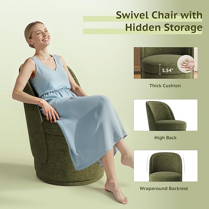 Swivel Accent Chair, 360° Swivel Chair with Hidden Storage, Modern Small Barrel Swivel Armchair for Living Room/Bedroom, Green