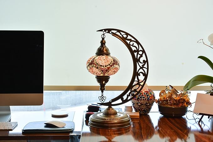 Mozaist Turkish Mosaic Moon Shape Table Lamp, Moroccan Vintage Crescent Bohemian Handmade Bedside Light, Rustic Dining Room, Study Room, Office Decorative Lighting, Unique Turkish Gift (Lavender)