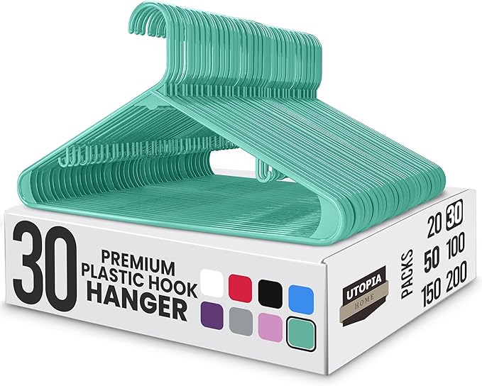 Utopia Home Plastic Hangers 30 Pack - Clothes Hanger with Hooks - Durable & Space Saving (Aqua)