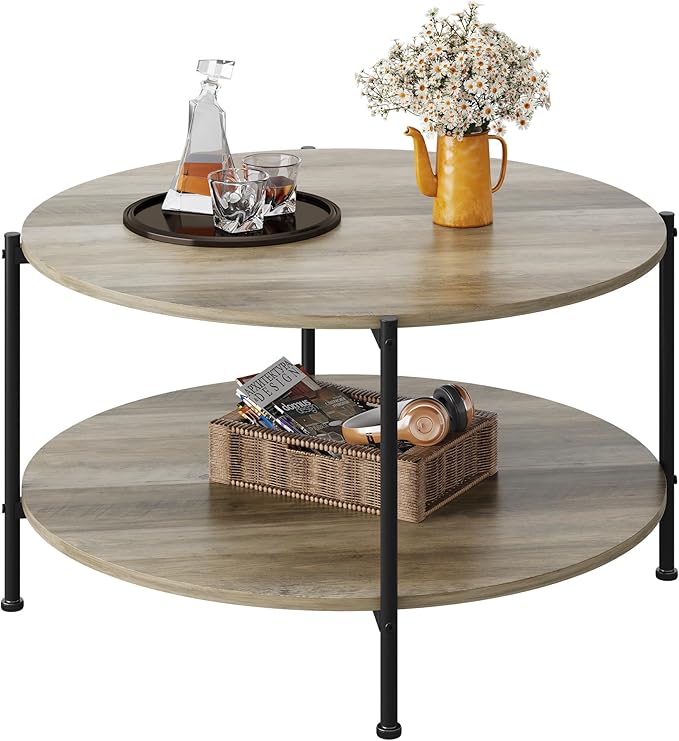 WLIVE Round Coffee Table for Living Room, 32.6" Small Coffee Table with Open Storage Shelf, 2-Tier Industrial Circle Wood Center Table for Bedroom, Home Office, Grey
