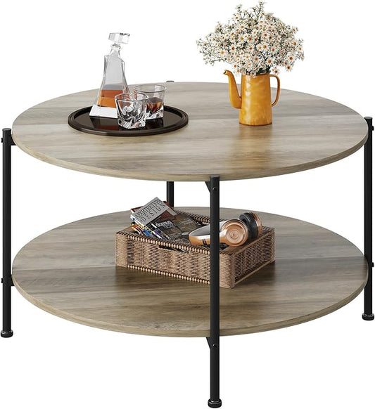 WLIVE Round Coffee Table for Living Room, 32.6" Small Coffee Table with Open Storage Shelf, 2-Tier Industrial Circle Wood Center Table for Bedroom, Home Office, Grey