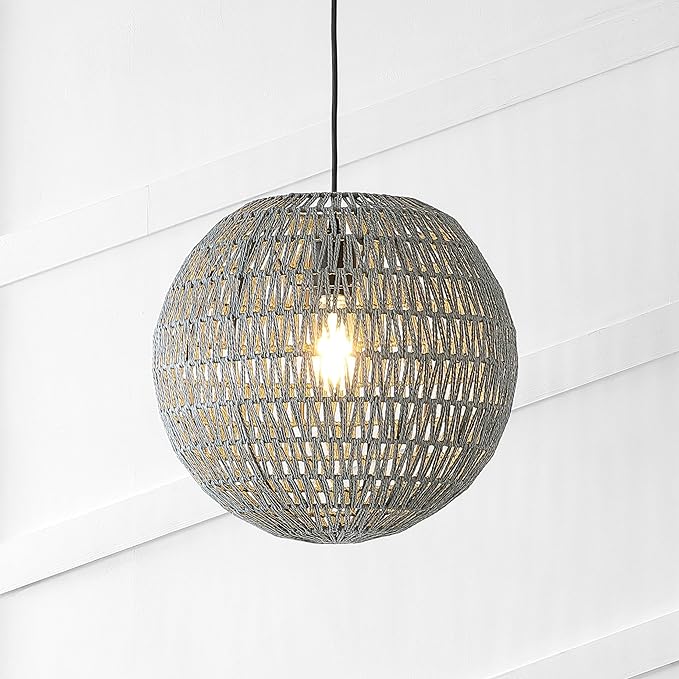 JONATHAN Y 16" Grey/Black Modern Bohemian Woven LED Pendant Light, Adjustable Hanging Ceiling Lamp for Kitchen Island Dining Room, Paper Wicker Shade, Bulb Included (JYL6503D)