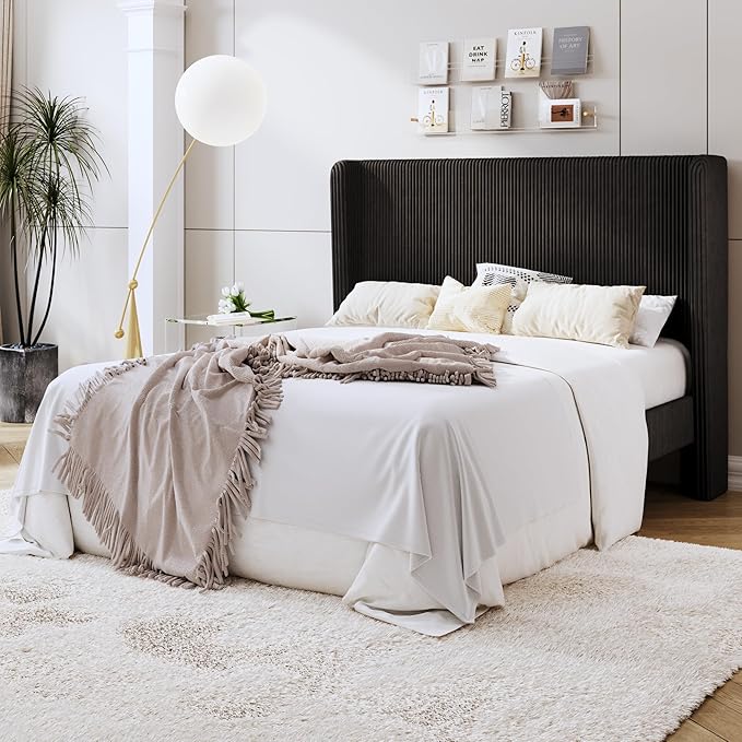 SHA CERLIN Queen Size Corduroy Upholstered Platform Bed Frame with Vertical Channel Tufted Wingback Headboard, 8" Under Bed Storage, Wooden Slats & Metal Frame Support, Easy Assembly, Black