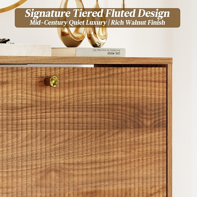 Nicetree Shoe Storage Cabinet for Entryway - 4 Flip Drawers Shoe Cabinet with Tiered Fluted Design - Slim Shoe Storage Rack with Gold Legs - Narrow Shoe Cabinet Hidden Shoe Organizer for Small Spaces