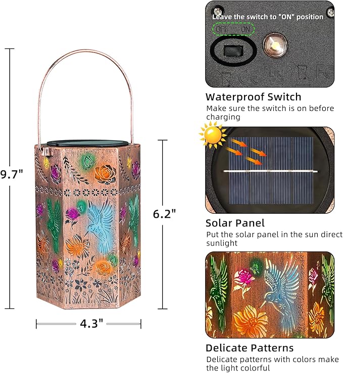 Solar Lanterns Outdoor Waterproof - Hummingbird Metal Hanging Lantern Garden, Patio, Pathway Decorative Light Gift for Moms Women Mother Grandma (1 Pack)