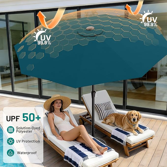 AreShark 10 FT Outdoor Patio Umbrella, Patio Table Umbrella with Push Button Tilt and Crank, Outdoor Patio Umbrellas with 8 Fiberglass Ribs, Patio Umbrellas for Market, Garden, Pool (Lake Blue)