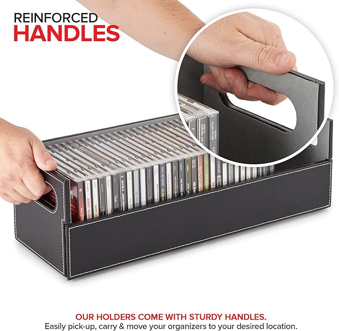 Stock Your Home CD Storage Box, Organizer Shelf for Movie Cases, DVDs, Cassette Tape Display Stand, Disc Holder Can Store Up to 40 CDs, Faux Leather (Black)