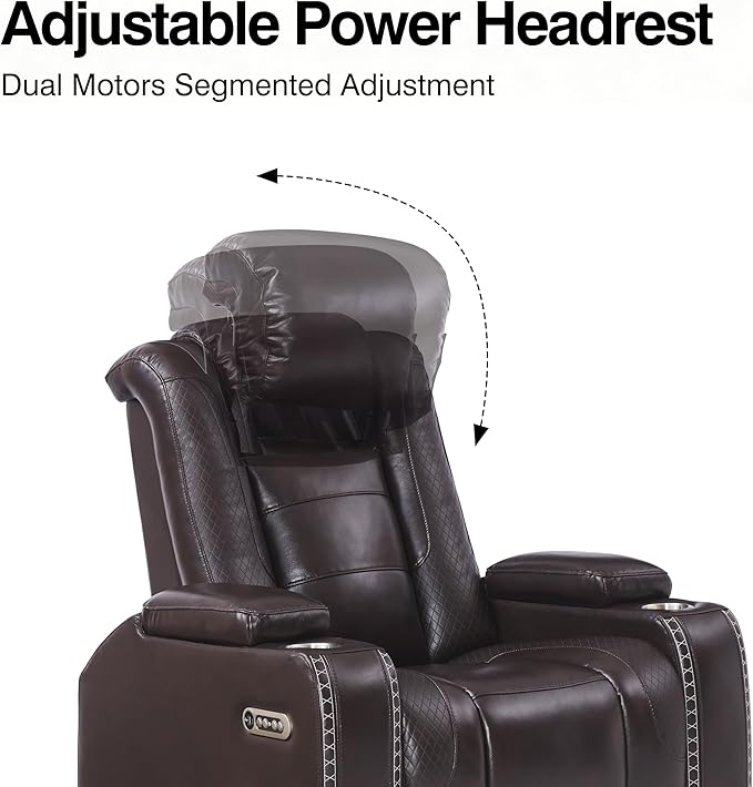 THSUPER Brown Leather Power Recliner Sofa Couch with Arm Storage and Power Headrest, Leather Living Room Reclining Couch with Cup Holders and Wireless Charging. | LED ambient light, Reading light, Hidden outlet, USB and Type-C port