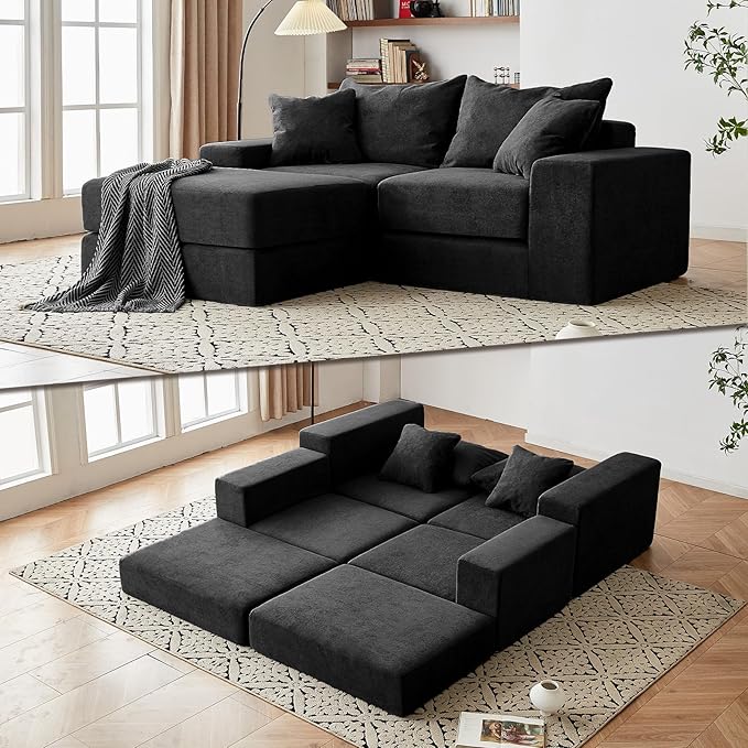 Modular Sectional Loveaeat Cloud Sofa, Boneless Couch with Non Slip Base, Cozy Sleeper Sofa for Customizable Living Spaces, Modern Modular Couch with L-Shape Chaise, Deep Seat & No Assembly, Black