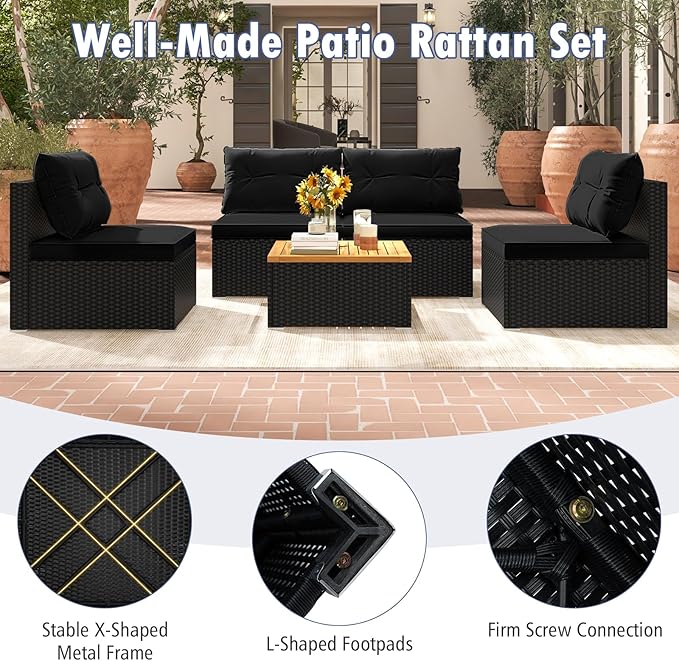 Tangkula 5 Piece Rattan Sofa Set, Outdoor Wicker Furniture Set w/Seat & Back Cushions, Square Coffee Table, Patio Sofa Set for Backyard, Poolside (Black)