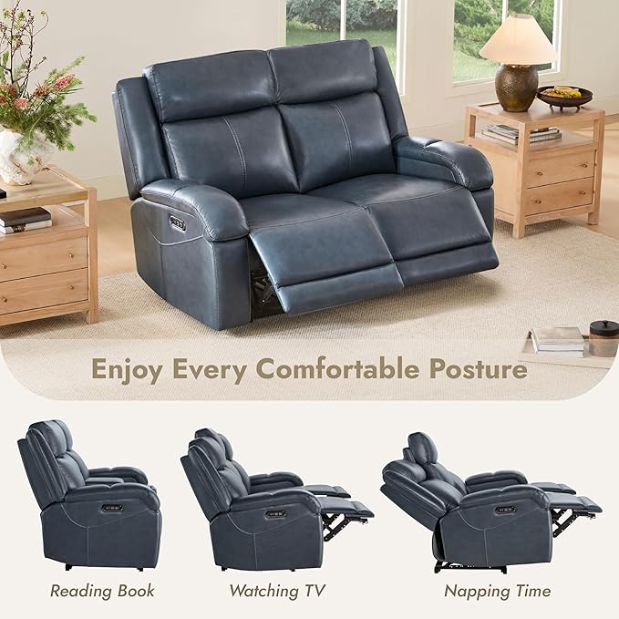 Watson & Whitely Genuine Leather Power Loveseat Recliner Sofa, 2 Seat Wall Hugger Reclining Sofa with Power Headrest & Charging Ports, Dual Recliner Sofas for Living Room, RV, Navy Blue