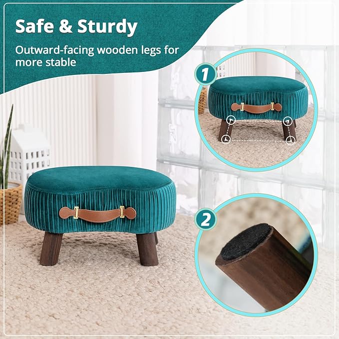 LUE BONA Small Curved Foot Stool with Handle, Teal Velvet Footstool and Ottomans, Modern Foot Rest with Wooden Legs, Step Stool with Padded Seat for Couch, Living Room
