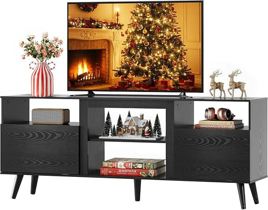 WLIVE Mid-Century Modern TV Stand for 55 60 65 Inch TV, Entertainment Center with Extra Open Shelf & Storage Cabinets, Media TV Console for Living Room Bedroom Office, Black