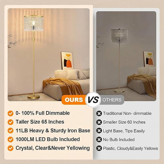 【Upgraded】 Dimmable Crystal Floor Lamps for Living Room, 1000LM LED Bulb Included, Standing Lamp with Knob Switch, Tall Gold Pole Light for Bedroom Nursery Office Corner Reading