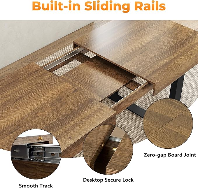63"-78.7" Expandable Dining Table, 6-8 Extendable Dining Table, Rectangle Conference Table, Farmhouse Kitchen Table with Slide Track, Tapered U-Shaped Wood Legs for Office, Living Room-Brown