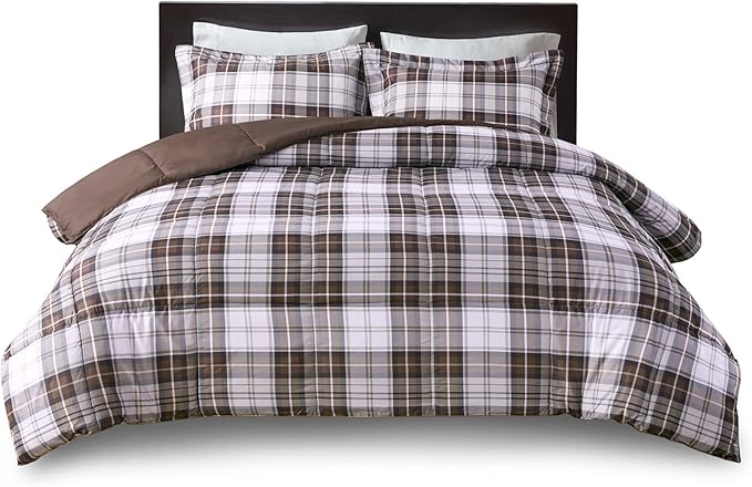 Madison Park Essentials Parkston Plaid Comforter, Matching Sham, 3M Scotchguard Stain Release Cover, Hypoallergenic All Season Bedding-Set, Twin/ Twin XL, Brown, 2 Piece