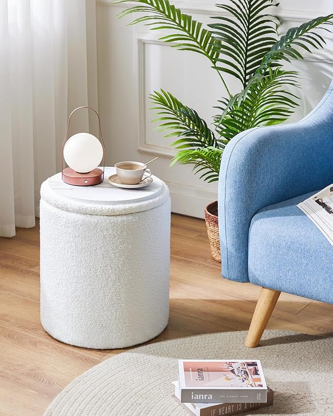IBUYKE Storage Ottoman Set of 2 Round Ottoman Fleece Vanity Stool with Storage Velvet Footrest Stool End Table Boucle Ottoman for Home Organization UWBD015W