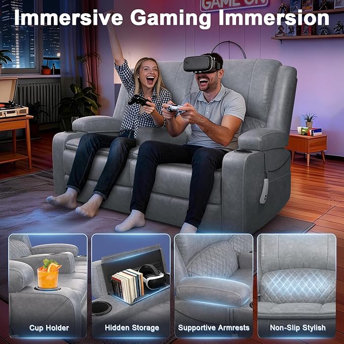 Yolsali Power Reclining Loveseat with Remote Control, Zero Wall Hugger RV Loveseat Recliner Sofa for Living Room with Removable Armrest, 2-Tier Cushions, Hidden Storage & USB Ports, PU Leather Grey