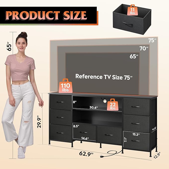 WLIVE TV Stand Dresser for 65,70 inch TV, Entertainment Center with LED Lights & 8 Long Fabric Drawers, Dresser TV Stand for Bedroom and Living Room, Black