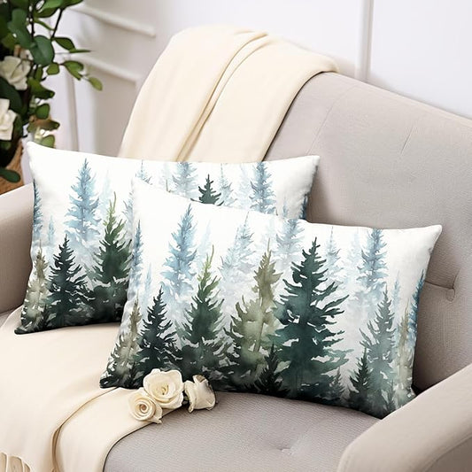 Watercolor Dark Green Christmas Tree Lumbar Pillow Covers 12x20 Set of 2 Winter Rustic Nature Forest Throw Pillow Covers Xmas Pine Trees Linen Pillow Cases for Farmhouse Living Room Decor