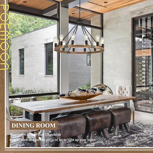12 Lights Wooden Wagon Wheel Chandeliers Farmhouse 31.5'' Oak Wood Round Chandelier Black Metal Rustic Pendant Light Fixture for Living Dining Room Entryway Foyer Kitchen