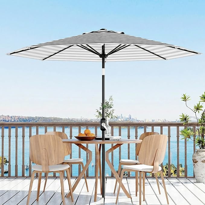 GarveeLife 10FT Patio Umbrella Outdoor, Table Umbrella with Push Button Tilt and Crank, 8 Sturdy Ribs UV Protection Waterproof for Garden, Pool, Market, Deck (Black & White Stripe)