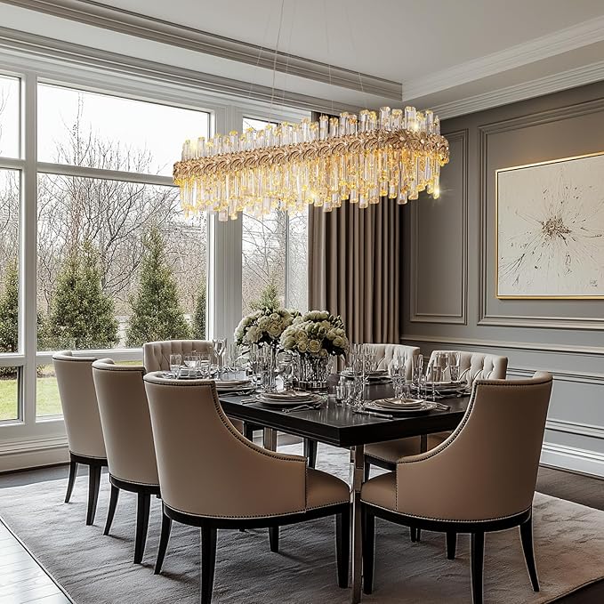 Luxury Crystal Chandeliers for Dining Room,40“ Gold Contemporary K9 Crystal Chandelier,Adjustable Pendant Ceiling Light Fixture with Leaf-Edge for Dining Living Room Foyer Entryway