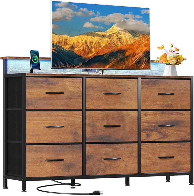 DUMOS TV Stand Dresser with 9 Fabric Drawers and Open Shelves, Entertainment Center with LED Lights, Charging Station for Bedroom, Wood Top Media Console for 45-55 inch TV Stand with Storage, Brown