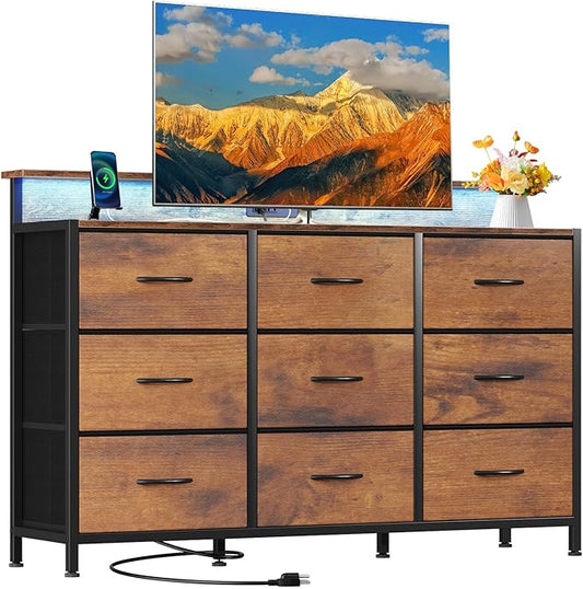 DUMOS TV Stand Dresser with 9 Fabric Drawers and Open Shelves, Entertainment Center with LED Lights, Charging Station for Bedroom, Wood Top Media Console for 45-55 inch TV Stand with Storage, Brown