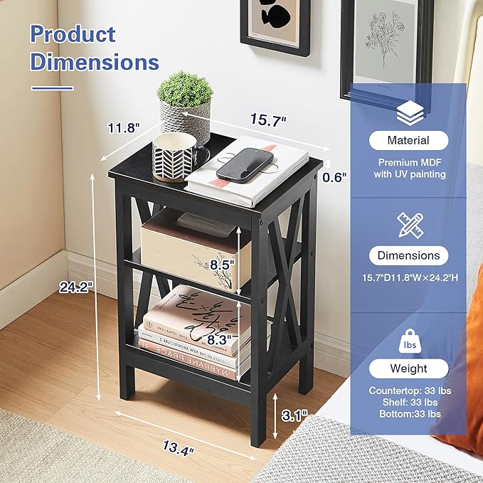 VECELO End Side Table Night Stand Set Of 2,X-Design with Storage Shelf for Bedroom,Living Room,Black