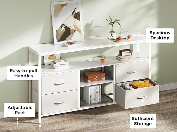 Huuger 47 Inch TV Stand Dresser with Power Outlets and LED Lights, 4 Drawers Entertainment Center with Open Shelf, Media Console for 55 50 Inch TV, Dresser with PU Finish, White
