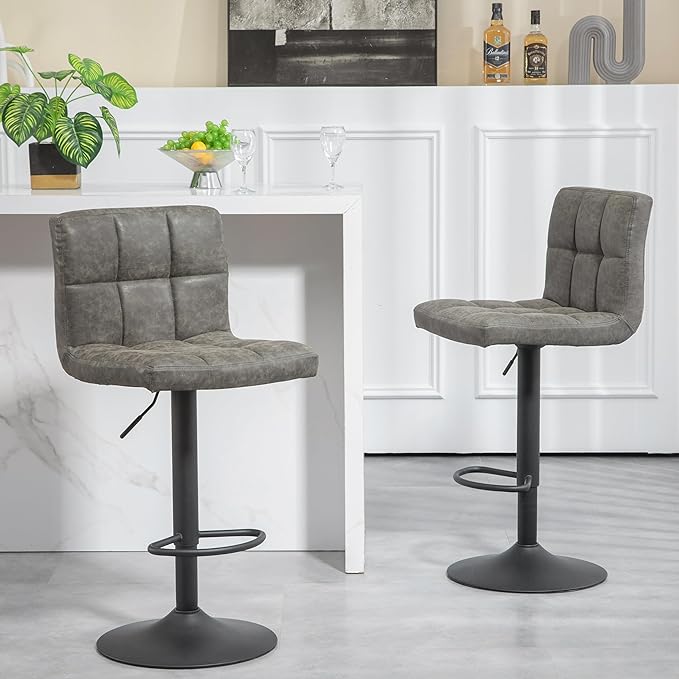 Finnhomy Bar Stools Set of 2 Counter Height, Swivel Barstools with Footrest and L Shape Thicken Cushion Back, Height Adjustable Modern Bar Chairs, Vintage Leather, Retro Grey