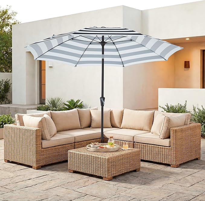JEAREY 9FT Outdoor Patio Umbrella,Market Table Umbrella with 8 Fiberglass Ribs, Pool Umbrella with Tilt and Crank, UV Protection Lightweight & Wind-Resistant for Lawn, Garden, Deck and Backyard, Black-White Stripe