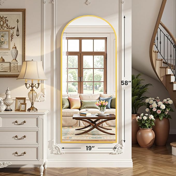 OLIXIS Arched Full Length Mirror for Bedroom, 58"x19" Full Body Mirror with Stand, Hanging or Leaning for Wall, Aluminum Alloy Thin Frame Floor Standing for Living Room, Long, Gold