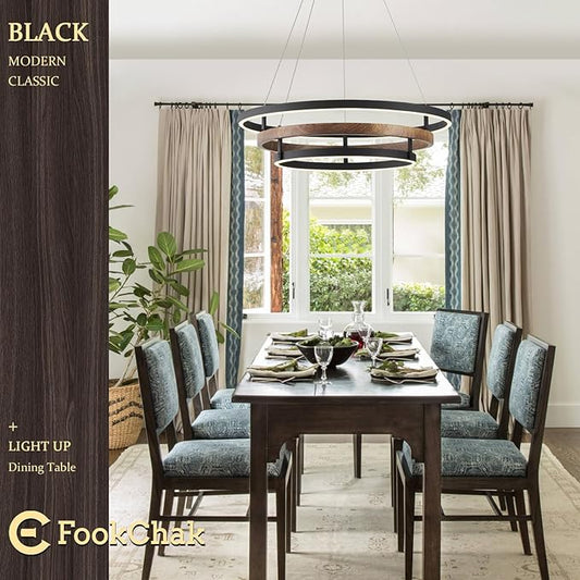 Modern LED Chandelier Black Wood Dimmable 3-Ring Foyer Entry Chandeliers Light 24in Dining Room Chandelier Light Fixture for Kitchen Home Office Living Room