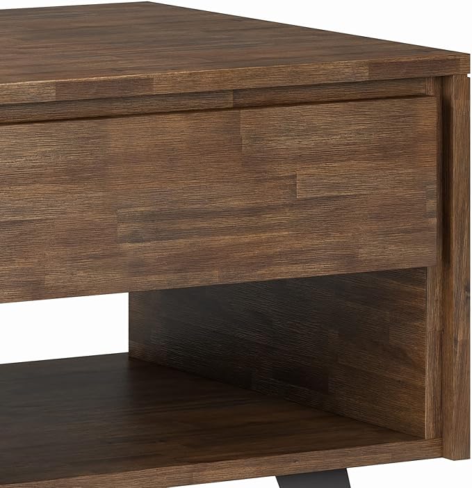 SIMPLIHOME Lowry End Table - 22 inch Wide Solid Acacia Wood Square Accent Table with Drawer and Open Shelf in Rustic Natural Aged Brown, Modern Industrial Lamp Stand with Angled Legs for Living Room