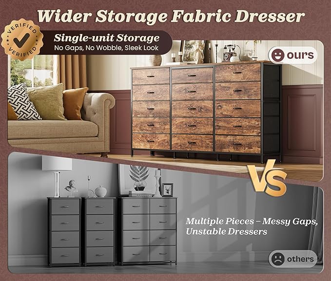 PRAISUN 63 Inch Long Dresser TV Stand for 65, 70 Inch TV, 15 Drawer Dresser for Closet, Bedroom, Large Fabric Drawers, Entryway Hallway Chest of Drawers, Wooden Top, Media Console, Rustic Brown