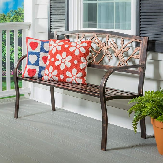 Evergreen Garden Weatherproof Dragonfly Outdoor Bench | Holds Up to 300 lbs. | Furniture for Lawn Garden Patio Porch Park Deck | Steel | Bronze