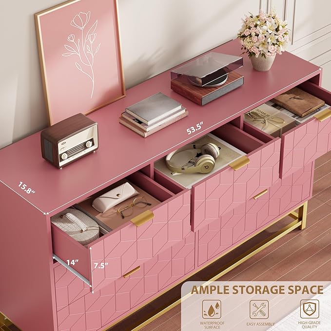 GAOMON Dresser for Bedroom, 53.5" Wide Dresser Organizer, 7 Drawer with Golden Metal Handle and Legs, Modern Chest of Drawers for Closet, Hallway, Living Room, Entryway, Pink